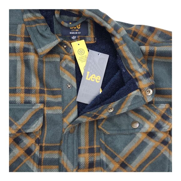 Lee Men XL Plaid Sherpa Lined Shirt Jacket Shacket Regular Fit Olive Green - Picture 12 of 14
